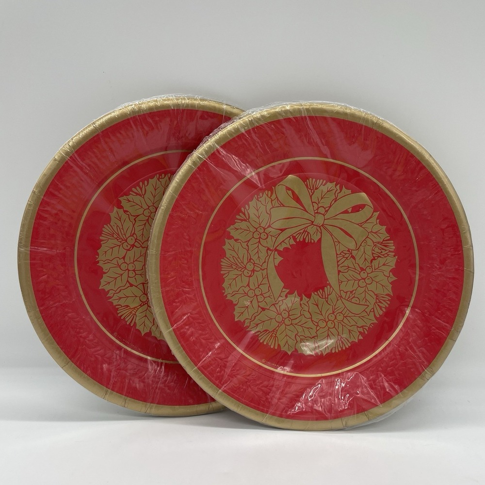 Vintage Hallmark Ambassador Christmas‎ Paper Plates Gold Wreath 16 ct 8 3/4" NOS